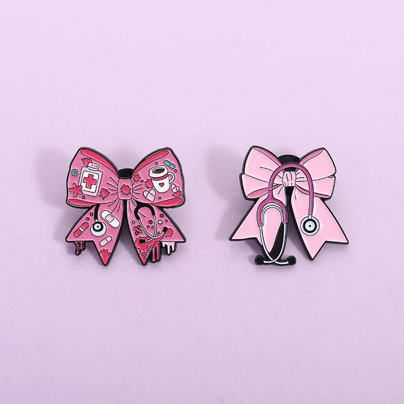 New Creative Pink Nurse Stethoscope Design Brooch Cartoon Fashion Cute Bow Tie Pins Badge for Gift DIY Bags Hat T-shirt Clothes