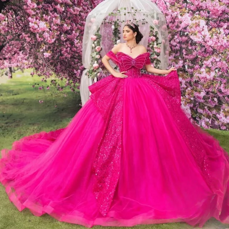 

Customized Shiny Rose Red Quinceanera Dresses Off the Shoulder sequin applique layering Big Bow Vestido De 15 Quinceanera