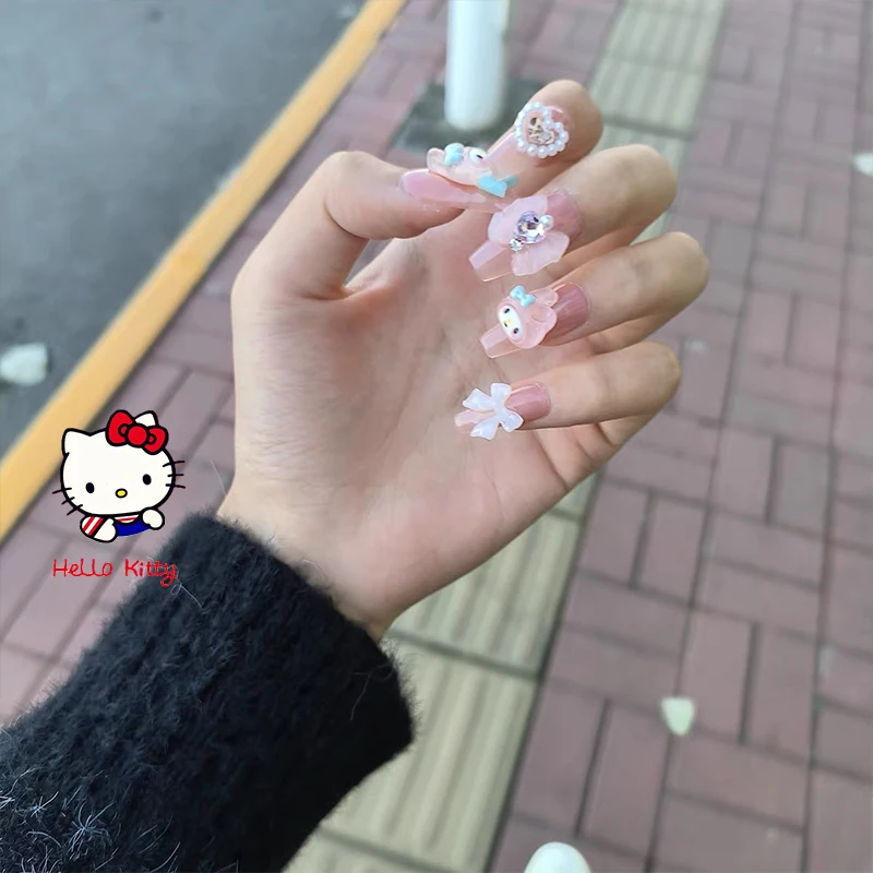 Diy minha melodia conjunto de unhas kawaii macio menina rosa pérola amor água diamante anime manicure design destacável bonito artesanal unhas falsas