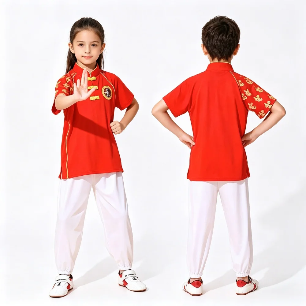 2026 Summer Kids Martial Arts Uniform Milk Silk Short Sleeve Kung Fu Training Suit Children Wushu Competition Performance Outfit