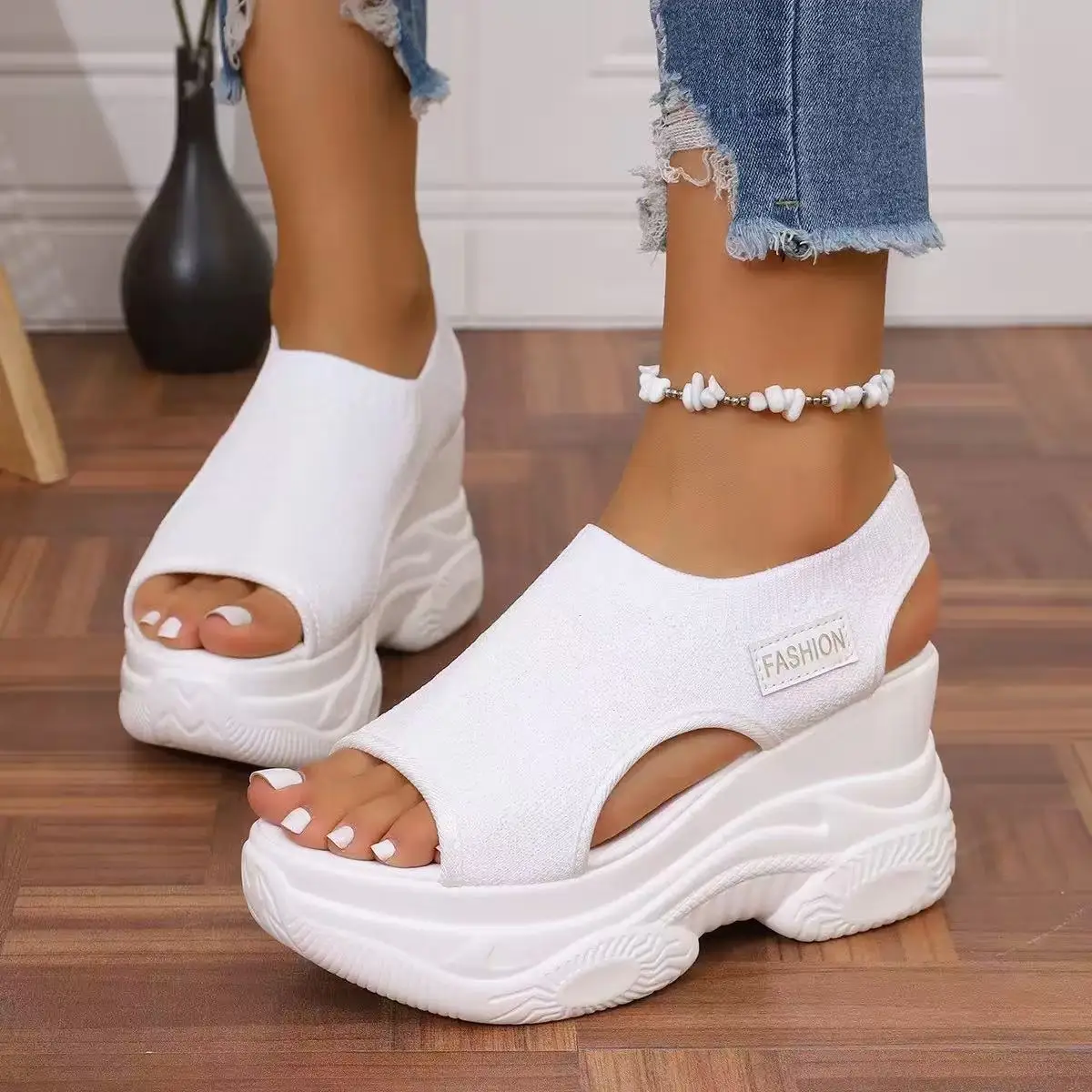 

Large Size Thick Soled Sandals for Women's Summer New Flyknit Wedge Heel Sandals, Fashionable Solid Color Casual Sports Sandals