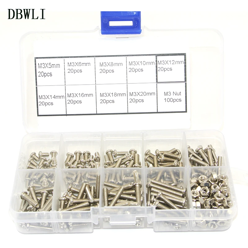 280pcs/set M3 Button Head Hex Socket Screw Bolt Nut Stainless Steel M3 Screws Nuts Assortment Kit Fastener Hardware