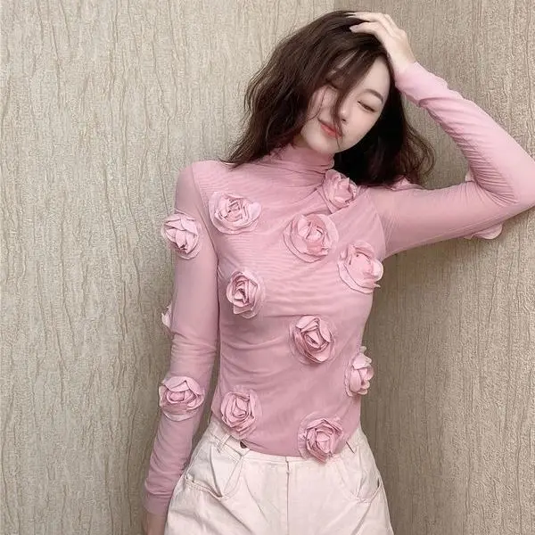 Frauen Tops drei dimensionale Blumen Stil Retro japanischen und koreanischen Design einteilig elegant abnehmen lange Ärmel