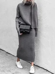 Solid Color Knitted Skirts Two Piece Set Women Winter Knitting Turtleneck Sweater Slim Skirt 2 Piece Sets Lady Trendy Streetwear