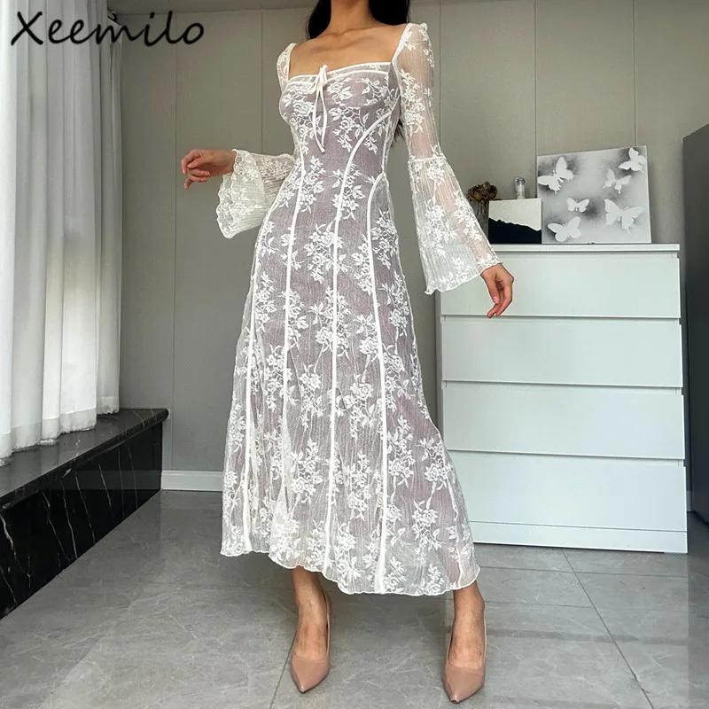 Xeemilo French Gentle Lace Patchwork Maxi Dress Elegant Pretty Square-neck Flare Sleeve Maxi Dresses 2023 Evening Party Vestidos