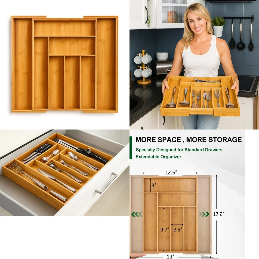 

Расширяемый бамбуковый органайзер для столовых приборов премиум-класса, регулируемый лоток для хранения посуды, кухонный ящик, разделитель, экологически чистая посуда