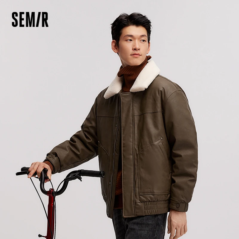 Semir Down Jacket Men 2024 Winter New Retro Imitation Leather Thin Short Jacket Contrast Patchwork Coat Fur Collar Down Jacket