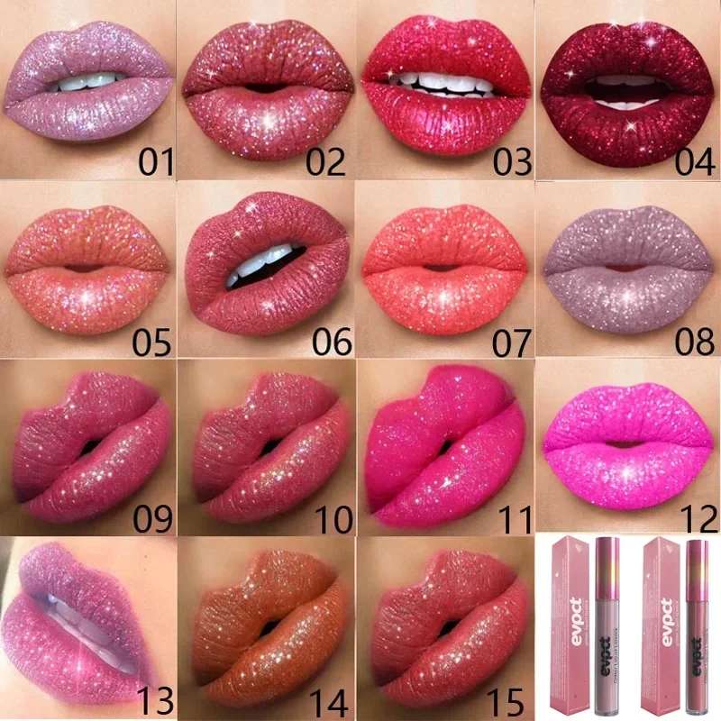 15 Colors Glitter Liquid Lipsticks Waterproof Long Lasting Diamond Shimmer Lip Gloss Red Pink Women Makeup Nude Matte Lip Stick