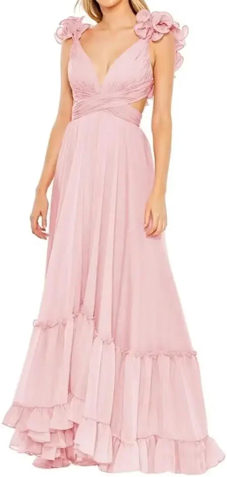 

Custom Chiffon Ruffle V Neck Prom Dresses Long Backless a Line Bridesmaid Formal Evening Gowns for Women Luxury Style