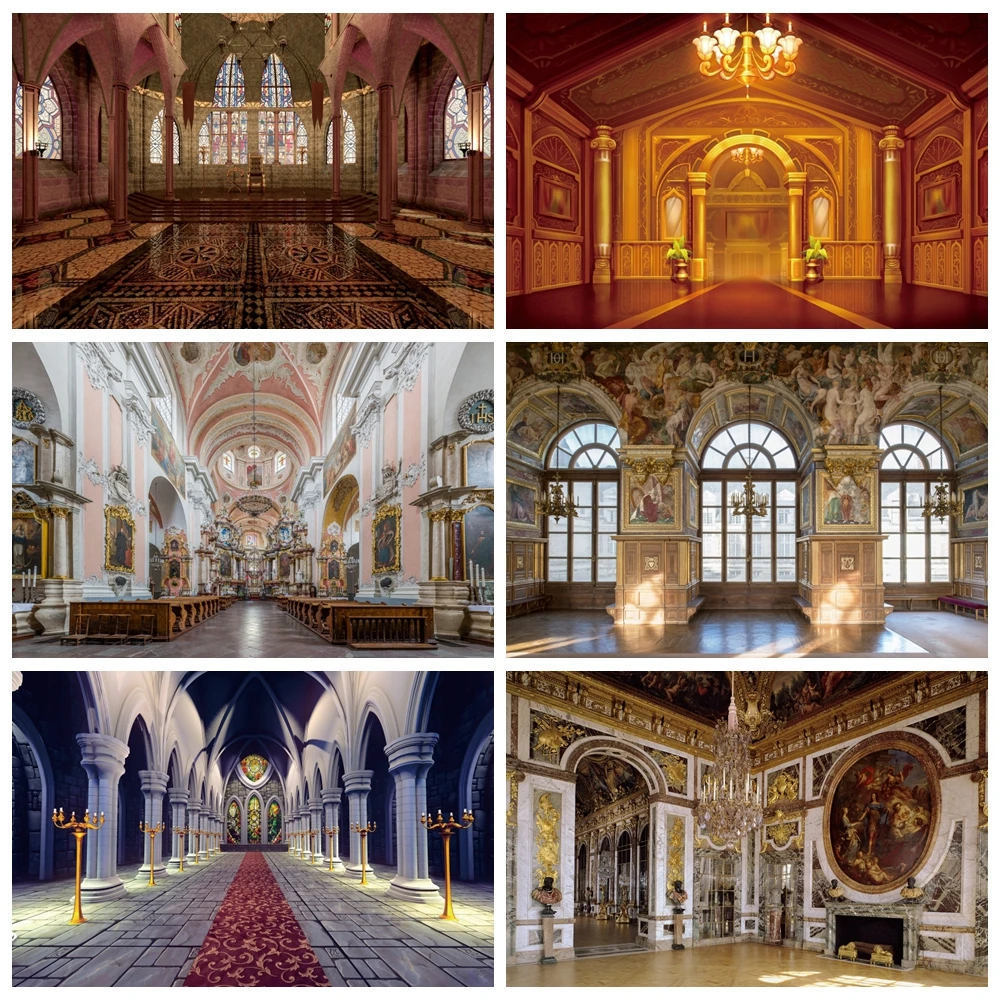 Luxury Auditorium Church Backdrop Vintage European Style Palace Baby Kids Portrait Birthday Party Wedding Photography Background