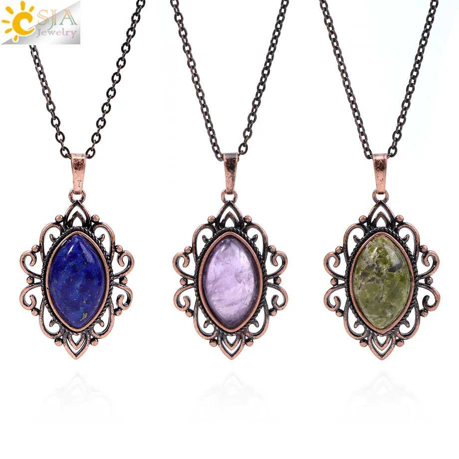 CSJA Vintage Natural Stone Horse Eye Pendant Necklace Crystal Amethyst Tiger Eye Agate for Women Elegant Jewelry Accessory H845