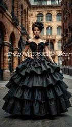 History Black Gothic Steampunk Prom Dresses Luxury Ruffles Tiered Skirt Bustle Corset Victorian Evening Gown Costume