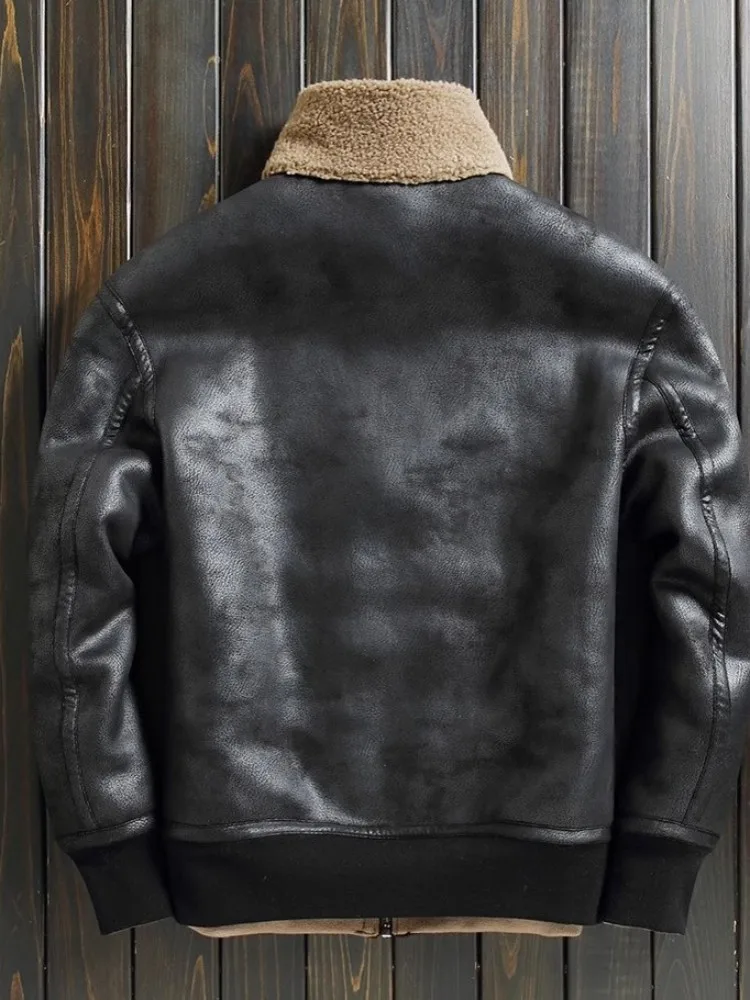 Winter Mens Motorcyle Biker Faux Leather Coat Thick Warm Real Wool Lining Jacket Fashion Reversible Overcoat Plus Size 6XL