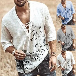 Verano otoño 2021 moda disfraz de Halloween hombres camiseta cuello pico encaje hasta camiseta Vintage media manga Blusa de algodón Top camisa masculina