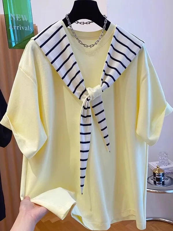 

Большие размеры 300, уникальная полосатая футболка с запахом, ort Sve, женская летняя свободная модная футболка с мясным покрытием