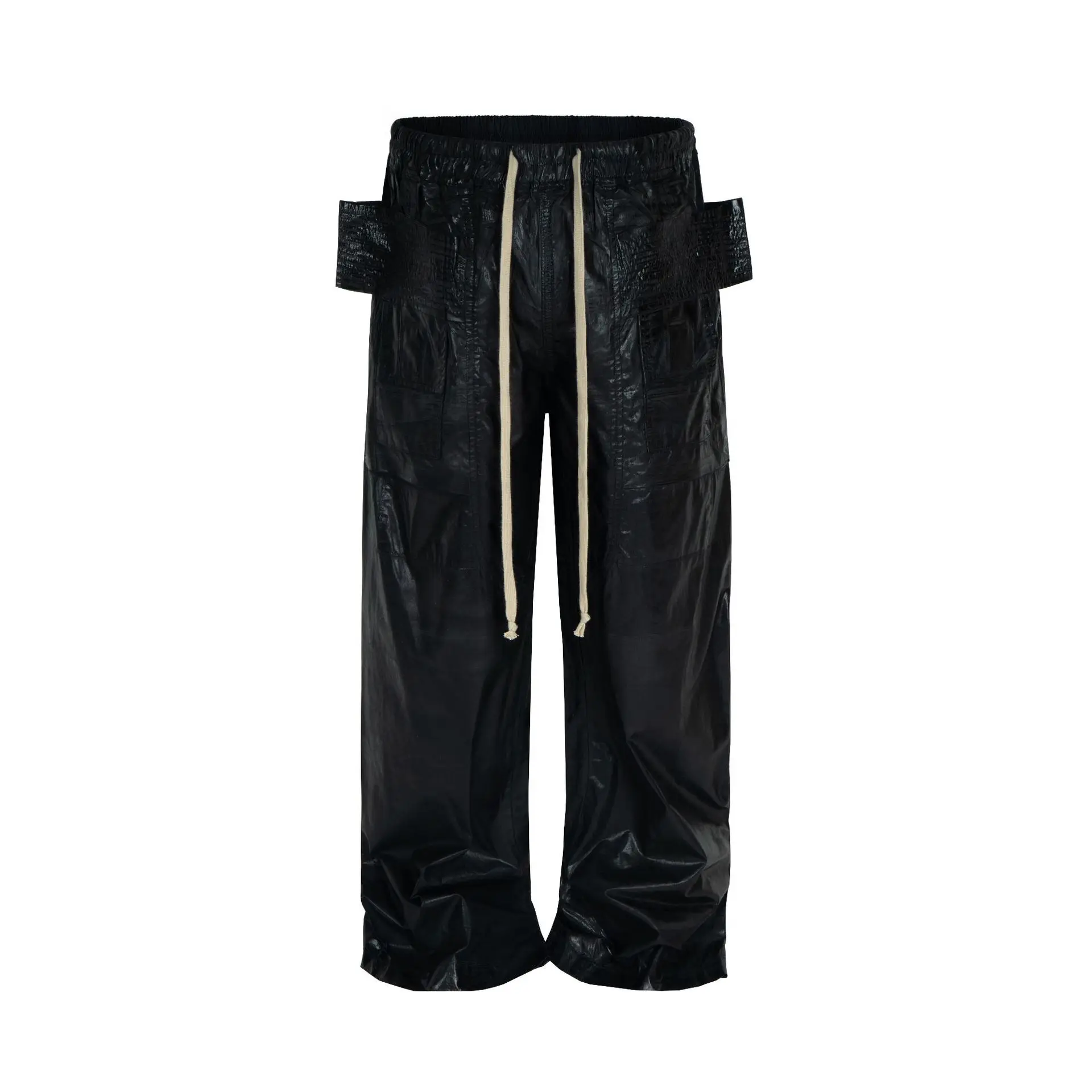 Rick RO Wax Finish Leather Coated Multi-Pocket Double-Ring Workwear Pants American Retro Weathered Loose Straight-Tail Pants