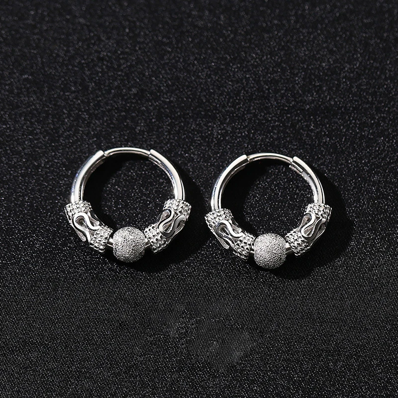 KOFSAC Trendy Hoop Earrings For Men Personality 925 Sterling Silver Round Bead Annulus Earring Jewelry Handsome Boy Accessories