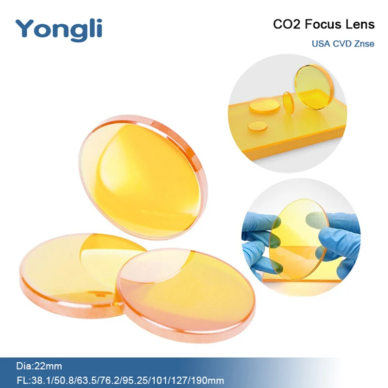 

Фокусная линза Yongli США CVD ZnSe, диаметр 22 мм FL38.1/50.8/63.5/76.2/95.25/101/127/190 мм для станка для лазерной гравировки CO2 0-200 Вт