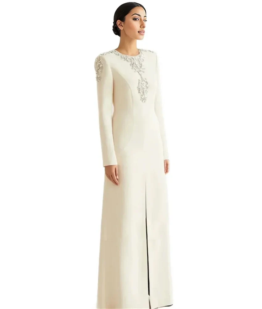 

Customized Luxury Crystal A-Line Jersey Evening Dress Temperament Long Sleeves O-neck Floor Length فساتين سهرات