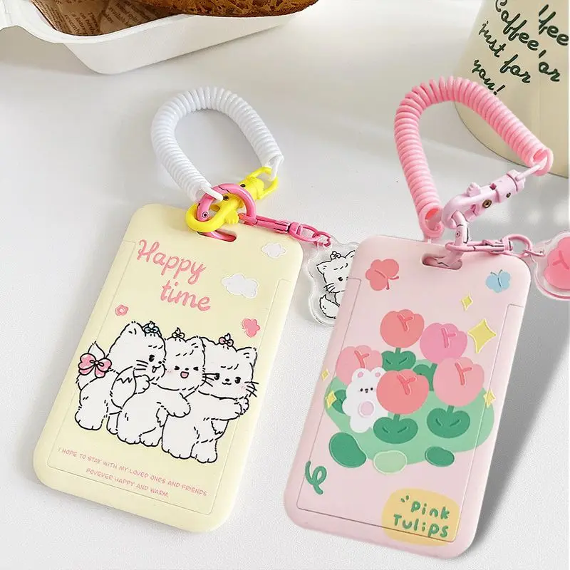 INS Kitten tulip Photocard Holder Cartoon Ins Idols Cards Cover with Keychain Students Card Protectors ID Bank Cards Case