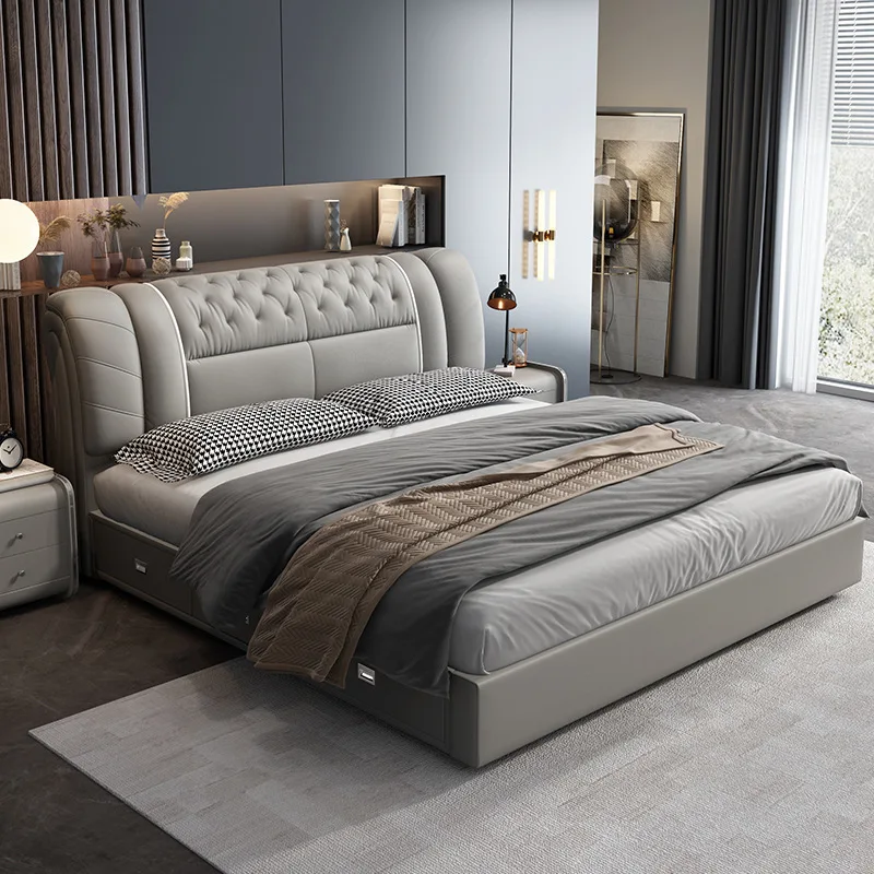 fg-Modern Bedroom Furniture Designs King-Size Leather Revolving Bed for Weddings Soft Style Wooden Frame Queen Double Sizes！