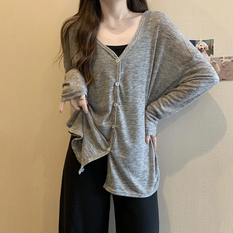 Ladies' Long Sleeve V-Neck Thin Sun Protection Open Cardigan Korean Style Loose Fit Summer Outerwear plus Size Casual Wear