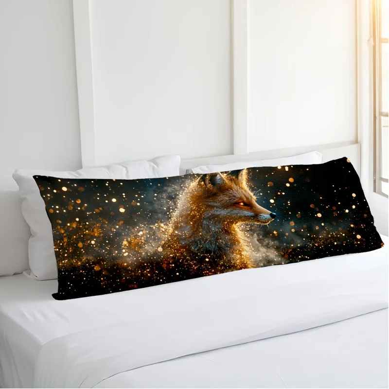 1-Pack Short Plush Pillowcase, Magical Fox 3D Glitter Zipper Pillowcase, Double-Sided Print, 137.16x50.8 cm, Suitable for Bedroo