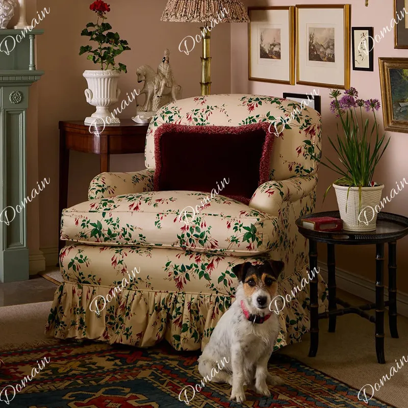 French retro solid wood single chair living room printed single sofa American home balcony leisure chair bedroom book chair