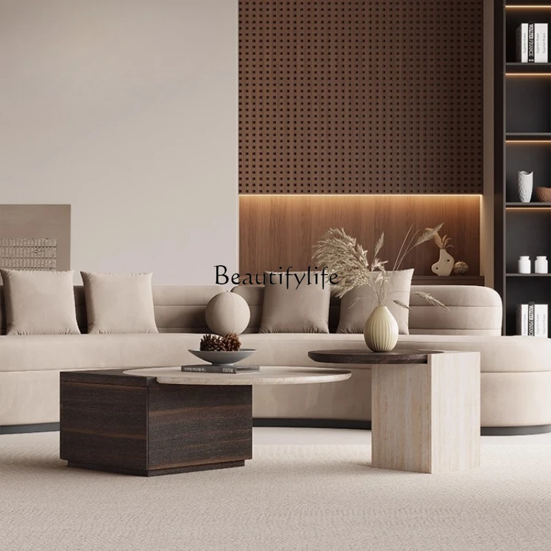 

Wabi-Sabi Style Large and Small Round Coffee Table Set Italian Minimalist Modern Living Room Artistic Travertine Tea Table