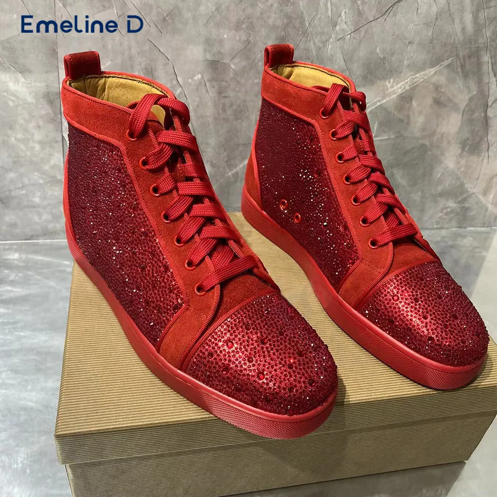 Vermelho cheio de diamante cristal tênis dedo do pé redondo rendas-up deslizamento fosco sapatos casuais de luxo personalidade da moda unisex sapatos