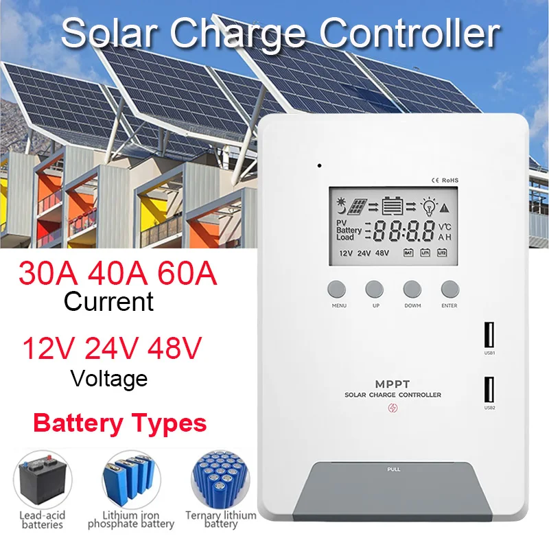 

Автоматический контроллер заряда солнечных батарей MPPT, 30 А, 40 А, 60 А, 12 В, 24 В, 48 В, регулятор солнечных панелей, двойной USB-выход, ЖК-дисплей для зарядного устройства литиевых батарей