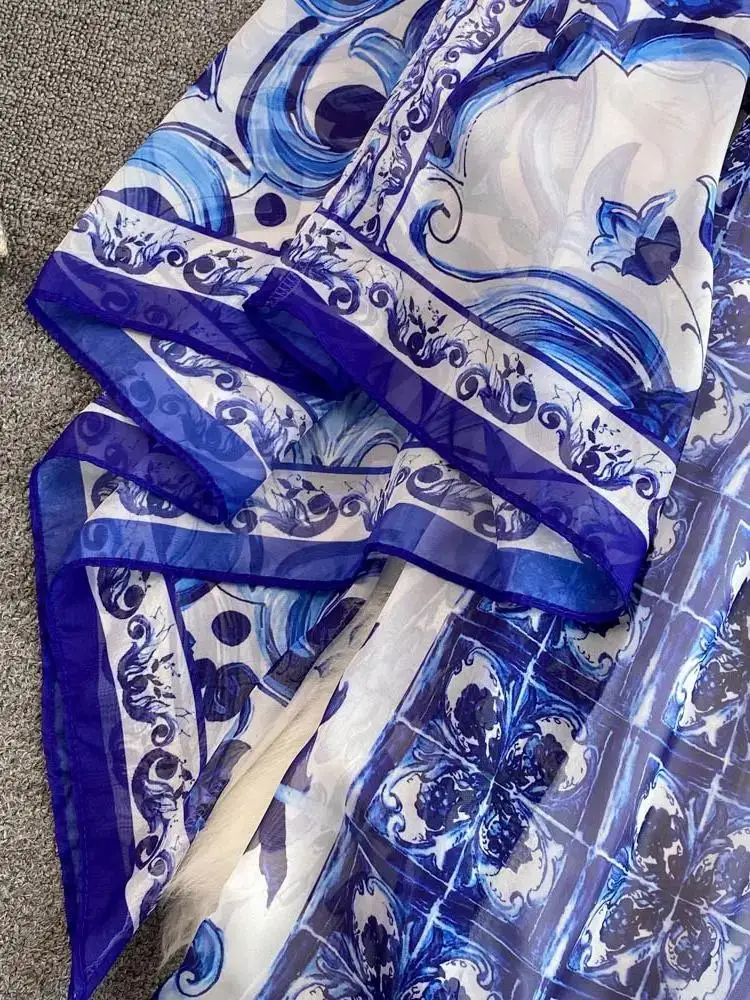 Women Clothing O Neck Flare Sleeve Large Swing Maxi Dress New Summer Bohemian Blue And White Porcelain Print Chiffon Vestidos