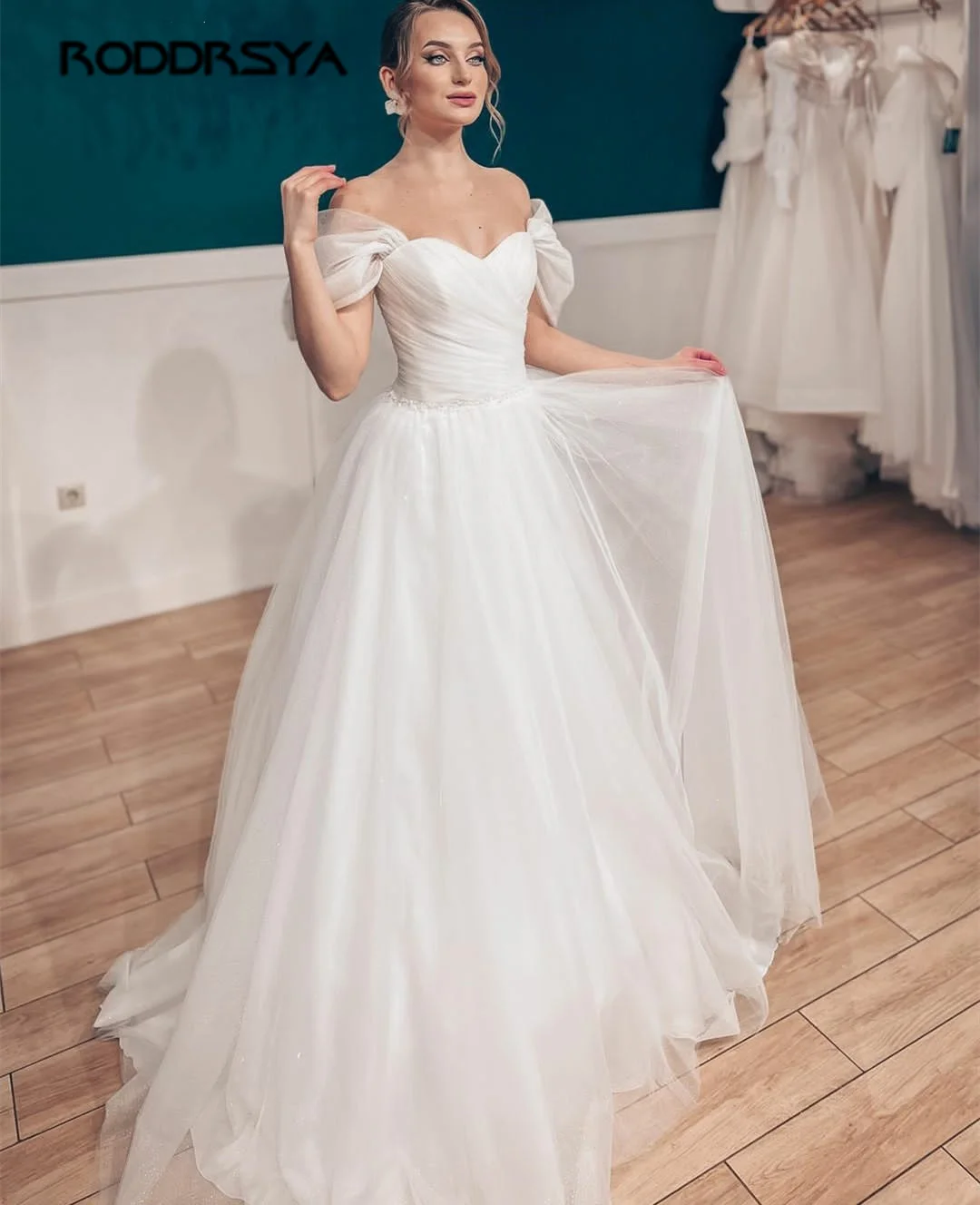 Roddrsya Prinzessin funkelnde Brautkleider für Frauen einfache A-Linie schulter freie Brautkleid Schnürung zurück Tüll Robe de Soirée Prinzessin funkelnde Brautkleider für Frauen einfache A-Linie schulter freie Brautkl