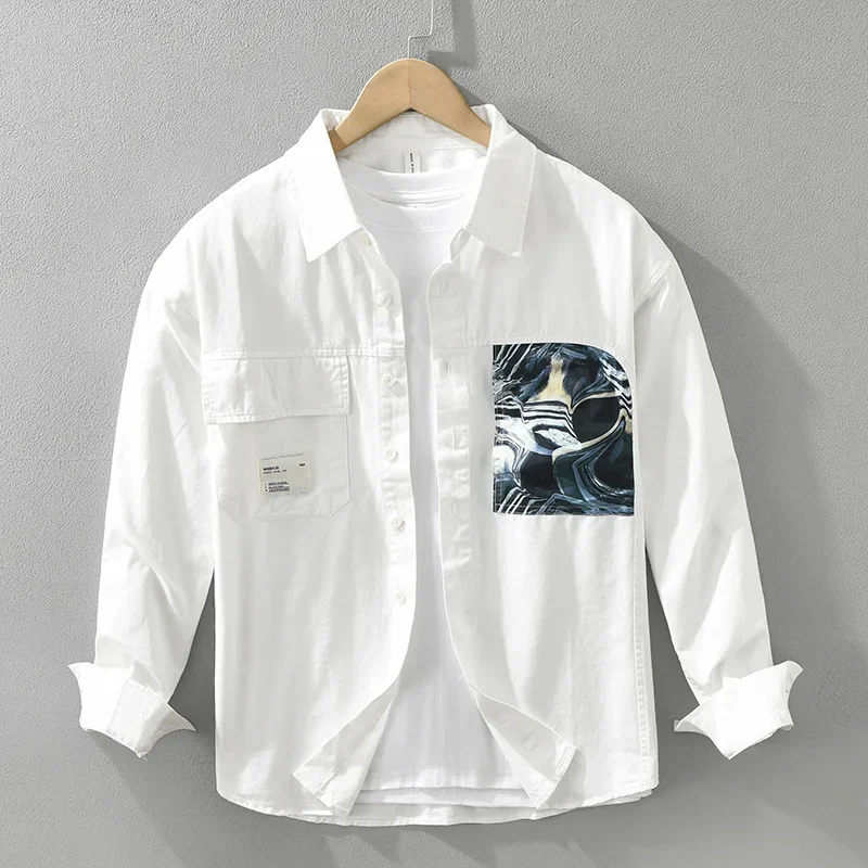 

New 100% Cotton Long Sleeve White Shirt Man Streetwear Men Loose Shirts Patchwork Printed Design Shirt Japanese Fashion Clothing