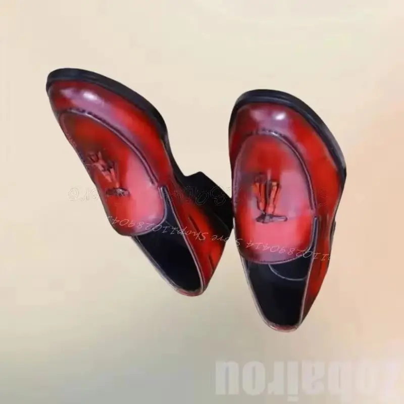 Red Sewing Design Tassels Decor Black Sole Loafers Fashion Slip On Men Shoes Luxury Handmade Party Feast Banquet Men Dress Shoes