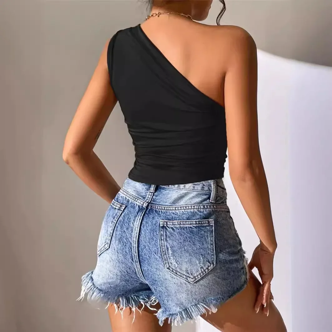 2025 Slim Fit Irregular Sloping Shoulder Sexy Off Shoulder Vest T-shirt Women's Top