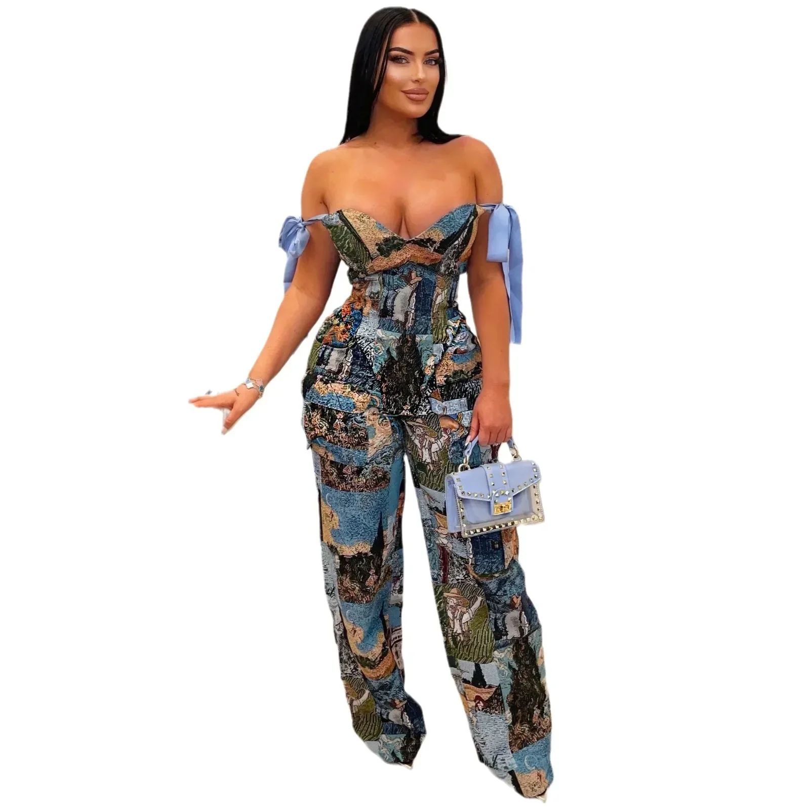 Oil Painting Printed Women\'s Set Lace Up Back Crop Top and Pants Suit 2024 Fall Winter Two 2 Piece Sets Outfit Tracksuit