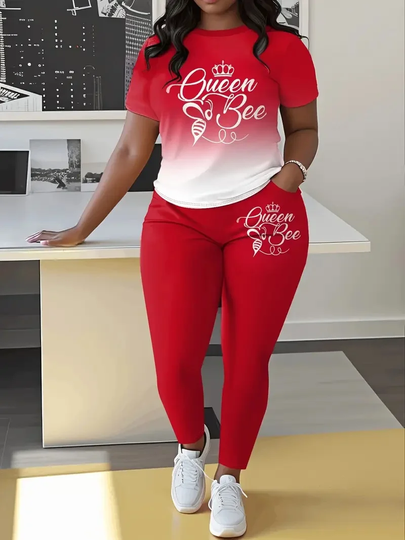 

Женский повседневный костюм больших размеров, модный комплект из двух предметов с градиентным буквенным принтом