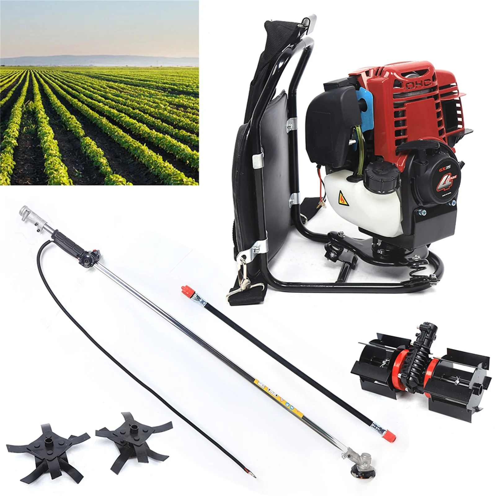 Backpack Brush Cutter Tiller Grass Hedge Trimmer Cultivator Lawn Mower 4Stroke 3IN1 4-Stroke Backpack Cultivator Tiller Lawn Mow