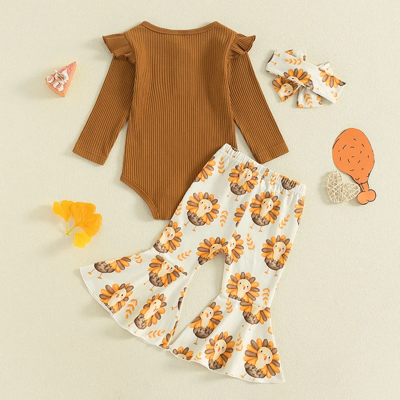 2024-07-16 Lioraitiin Baby Girls 3Pcs Thanksgiving Outfits Long Sleeve Romper + Bow Flare Pants + Headband Set Fall Clothes