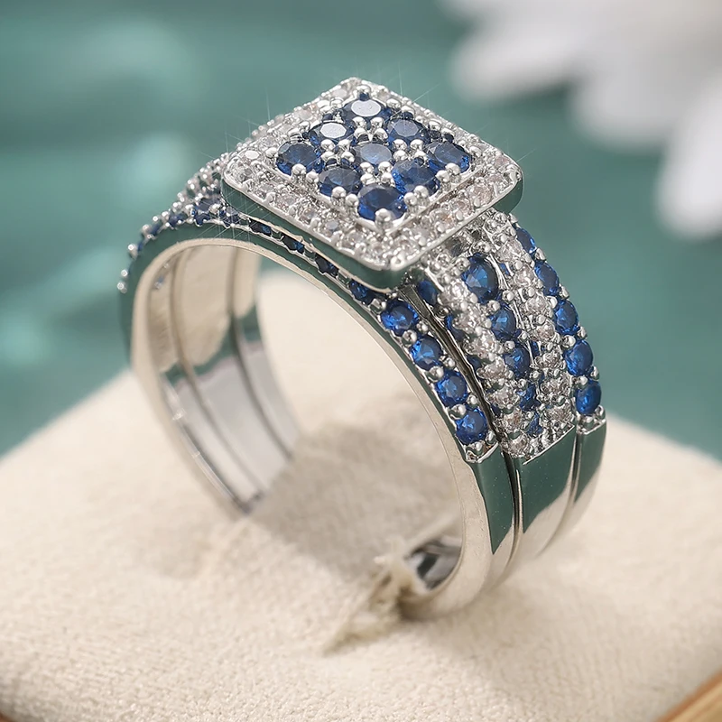 Exquisites Eingelegtes Weiß-Blaues CZ Damen-Ringset Trendiger Silberfarbener Geometrischer Alltags- und Party-Schmuck Jubiläumsgeschenk – Detail 3