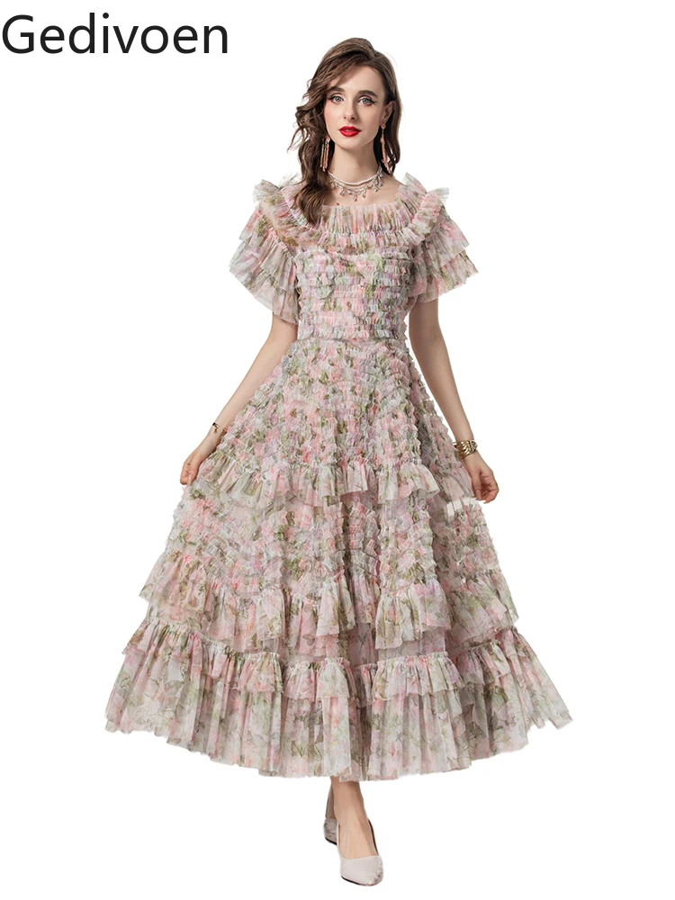 

Gedivoen Summer Fashion Runway Designer Dresses Women's Net Yarn Floral Print Cascading Ruffle Elegant Party Princess Dresses