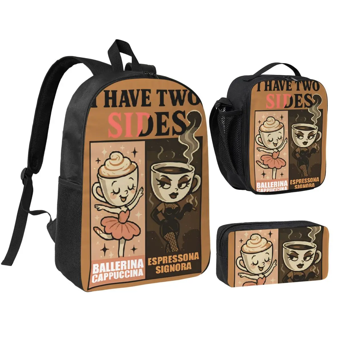 3 قطعة/المجموعة لدي الجانبين راقصة الباليه كابتشينا على ظهره للبنين بنات الدماغ المدرسة الثانوية حقيبة كتف حقيبة الغداء مقلمة