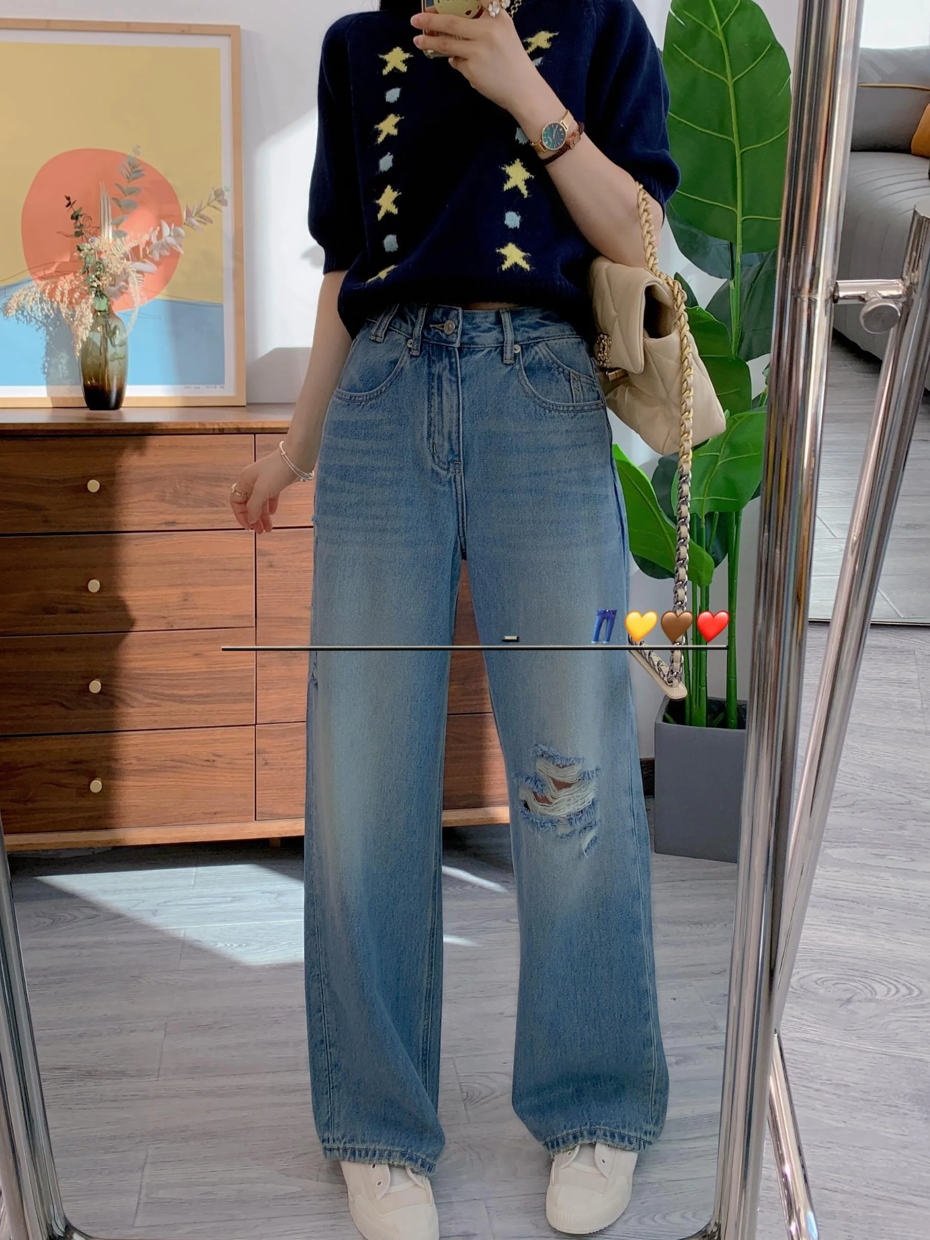 

Xiaofan Loose Casual High Waist Denim Jeans Women's Wide Leg Pants Straight Cut Floor Length Torn Hole Faionable