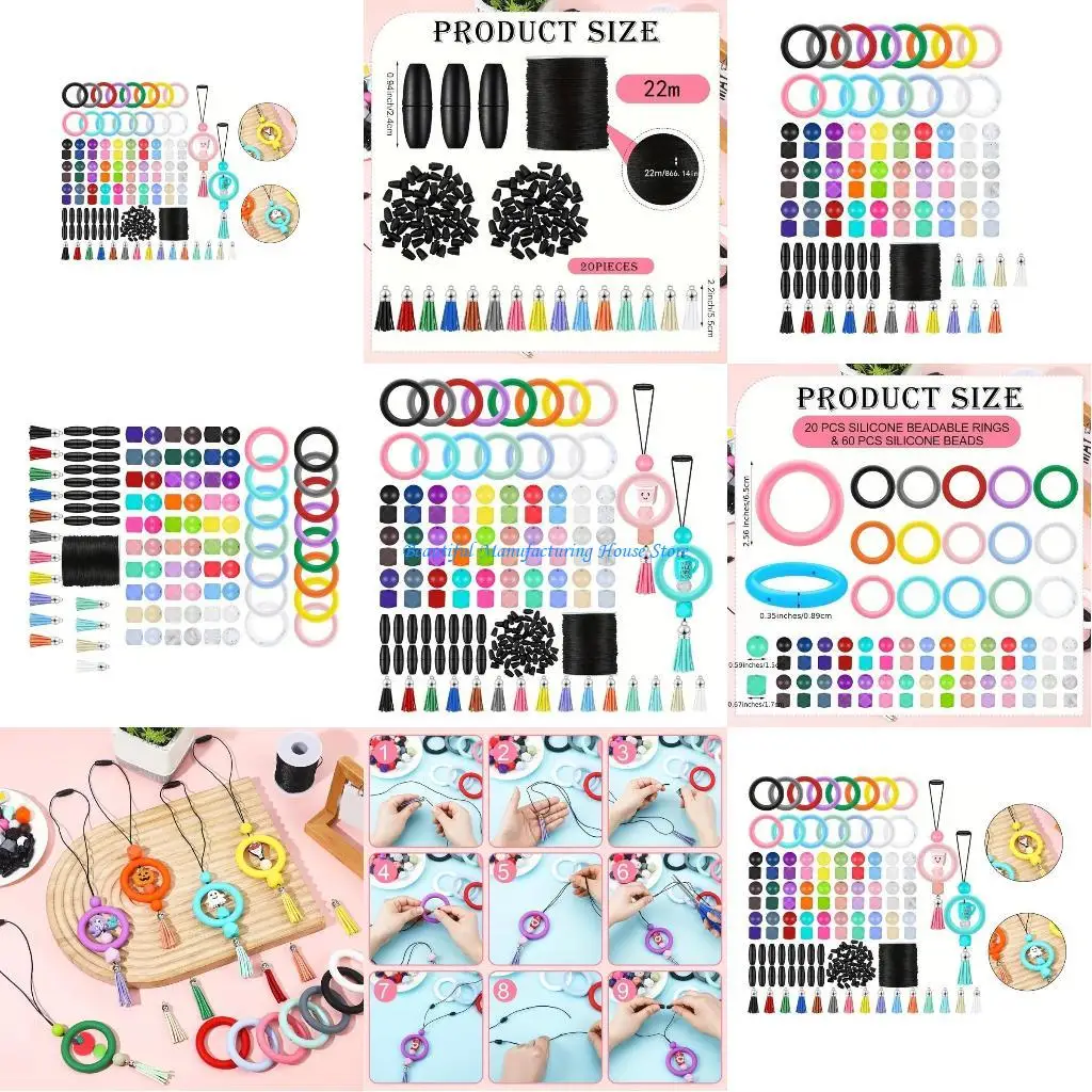 

E56A 91pcs Silicone Rings and Beads O Shaped Keychain Circles Rings Jewelry Supplies