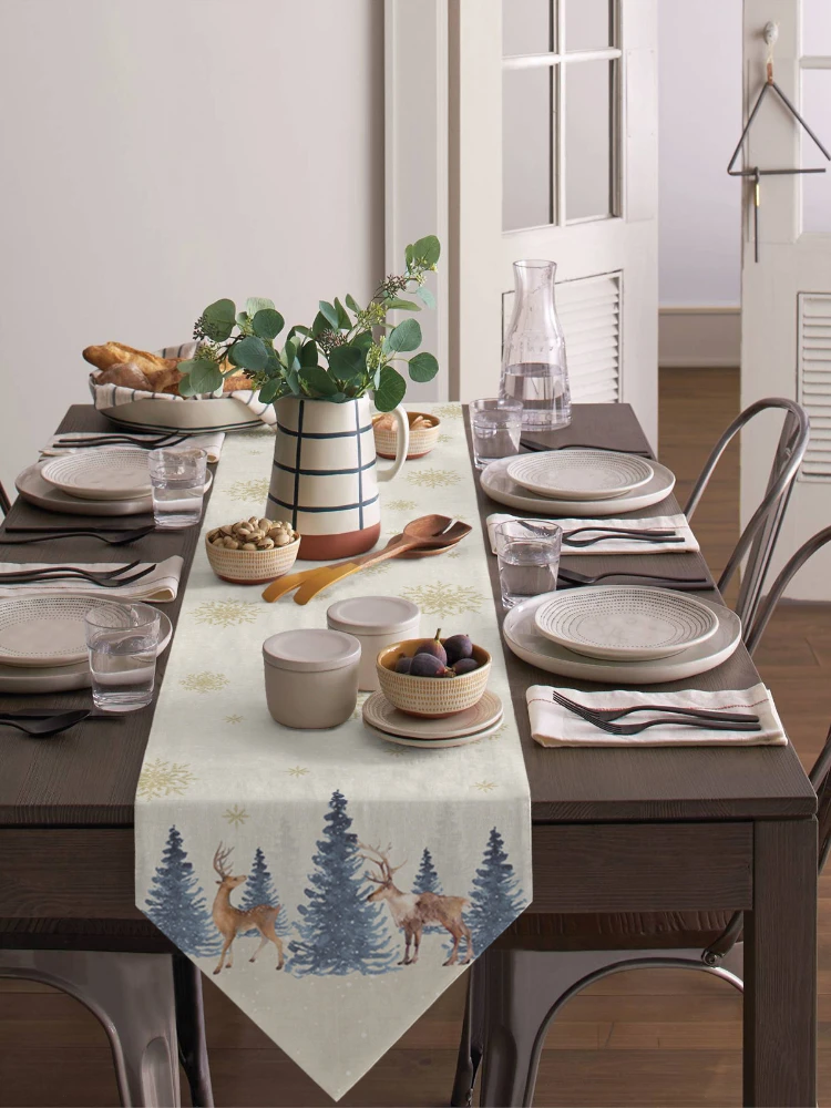 Christmas Snowflake Elk Linen Stain Resistant Table Runner Christmas Dinner Party Wedding Table Runner Kitchen Table Decorations