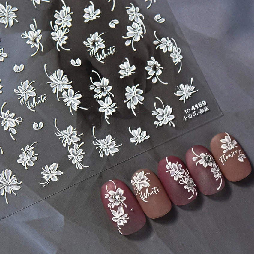

1 piece 5D white blooming flower nail sticker flower bow rhinestone pearl soft relief nail art decoration sticker nail art decal