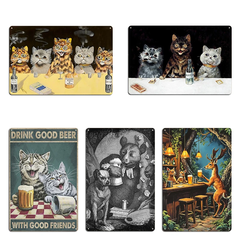 The Smoker's Match by Louis Wain Bear and Pug Dog Caricature by William Hogarth Metal Rusty Decoration Plaque Tin Sign Poster