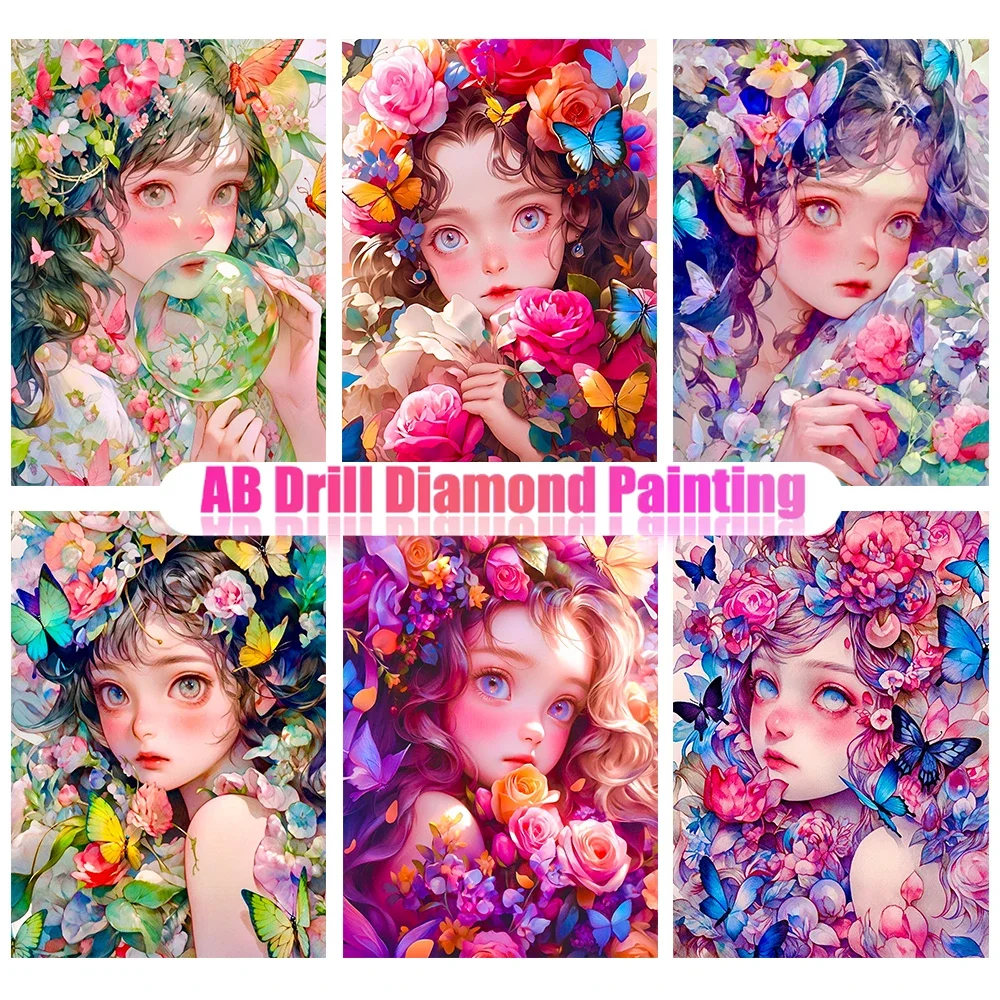 DIY AB Diamond Painting Cartoon Flower Girl Full Diamond Mosaic Embroidery Dream Butterfly Cross Stitch Set Art Home Decoration