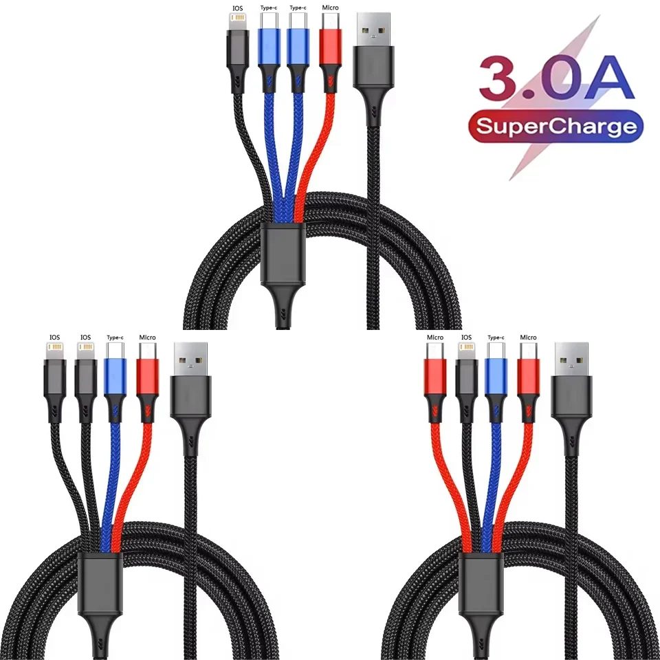 

USB-кабель 3-в-1/4 в 1, тип C, USB-микро для iphone, Samsung, Huawei, Xiaomi, многопортовый провод для зарядки